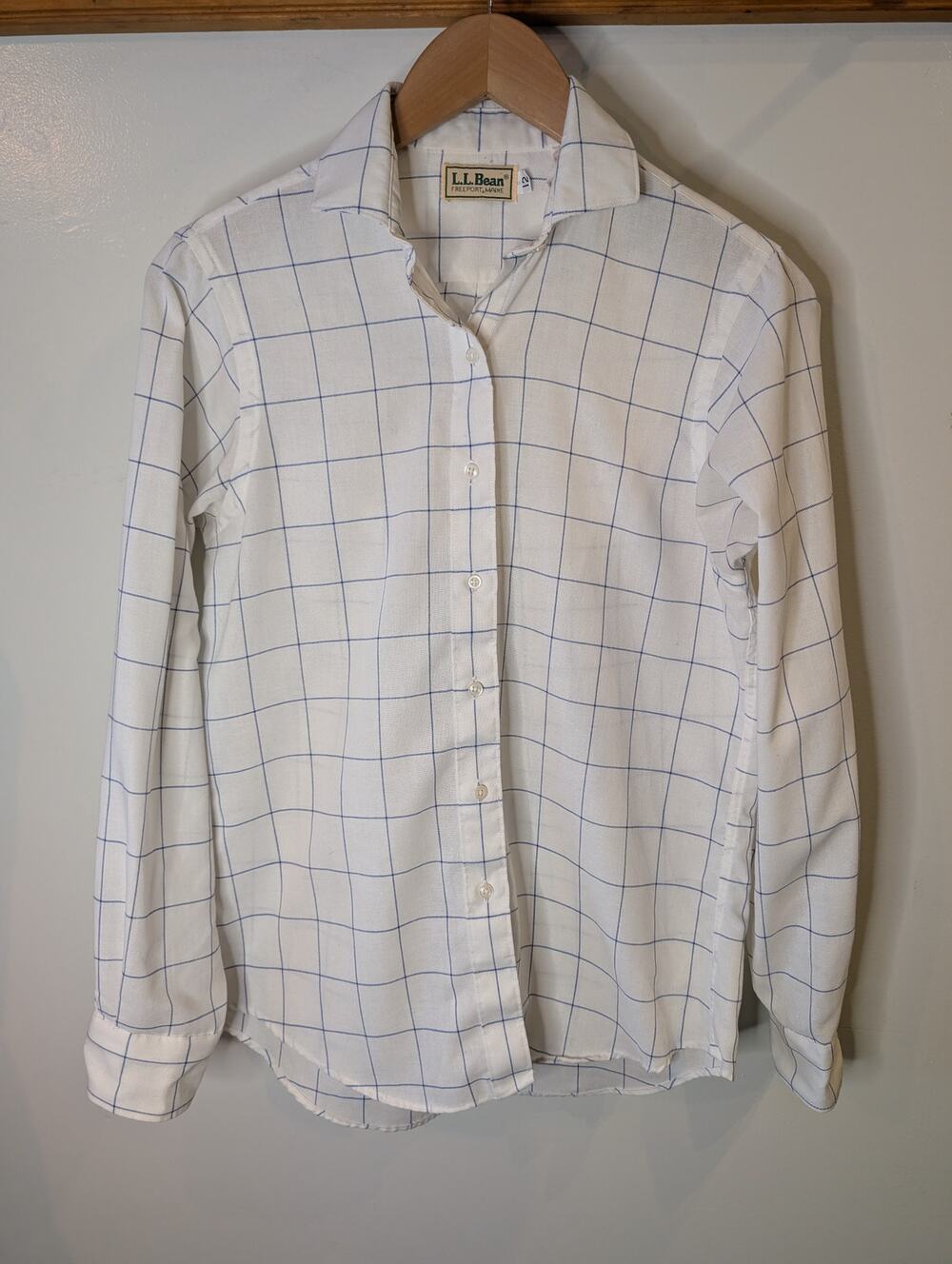Vintage L.L. Bean White Blue Windowpane Plaid Button Down Shirt Womens 12